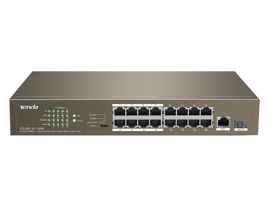 Tenda 16-Port Fast Ethernet Switch with 16-Port PoE | TEF1118P-16-150W
